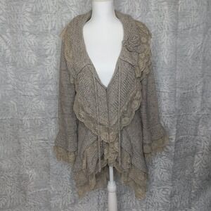 Sloni Womens Knit Cardigan Sweater Taupe Lace Ruffle Rosette Wool Blend Medium